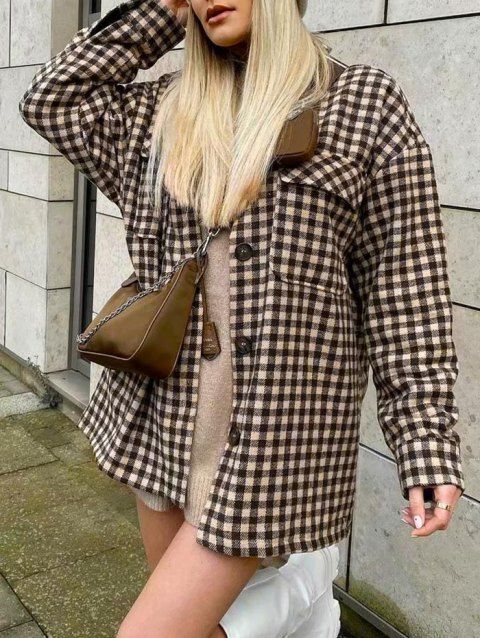 Button Up Double Pockets Plaid Shacket