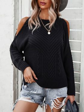 Mock Neck Cable Knit Cold Shoulder Sweater