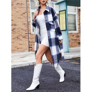 

Plaid Wool Blend Pocket Drop Shoulder Longline Coat, Deep blue