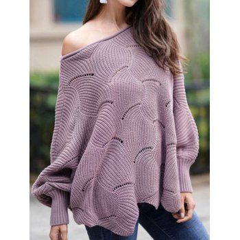 

Skew Neck Openwork Batwing Sleeve Sweater, Light purple