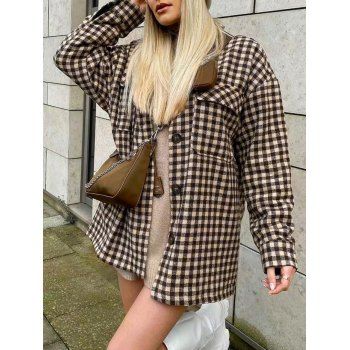 

Button Up Double Pockets Plaid Shacket, Coffee