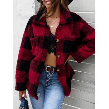 

Fluffy Checked Front Pocket Jacket, Red