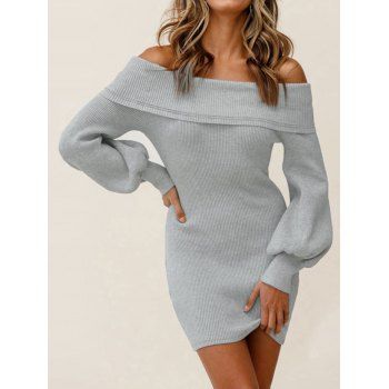 

Balloon Sleeve Off The Shoulder Mini Sweater Dress, Light gray