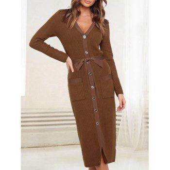 

Double Pockets Button Up Midi Knitted Dress, Deep coffee
