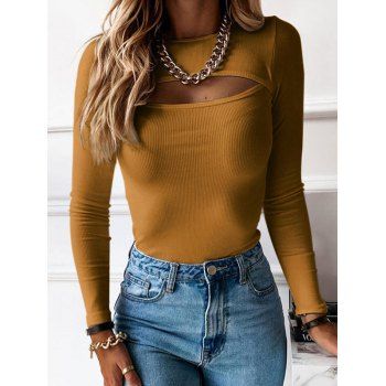 

Ribbed Cut Out Long Sleeve T Shirt, Coffee