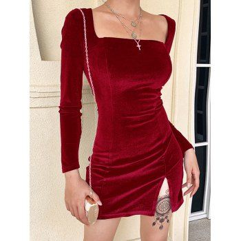 

Front Slit Square Neck Velvet Bodycon Dress, Deep red