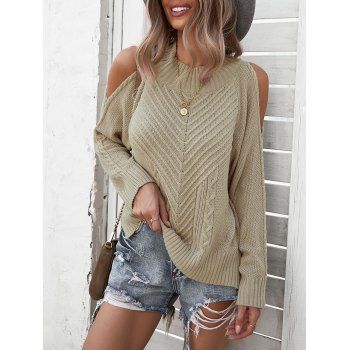 

Mock Neck Cable Knit Cold Shoulder Sweater, Light coffee