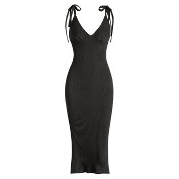 

Ribbed Tie Shoulder Split Cupped Dress, Black