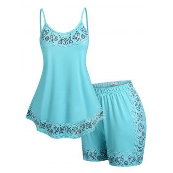 

Plus Size Paisley Print Irregular Tank Top and Shorts Pajamas Set, Light blue