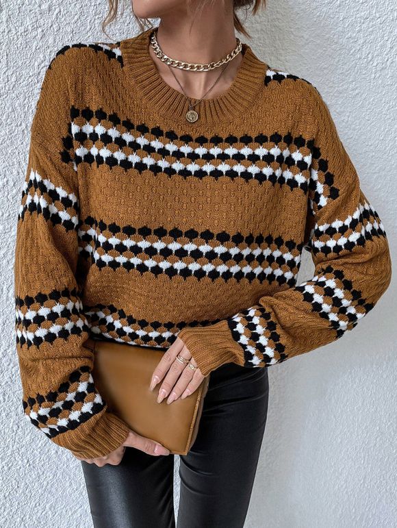 Pull à Rayure Contrastée à Goutte Epaule Maille - café L