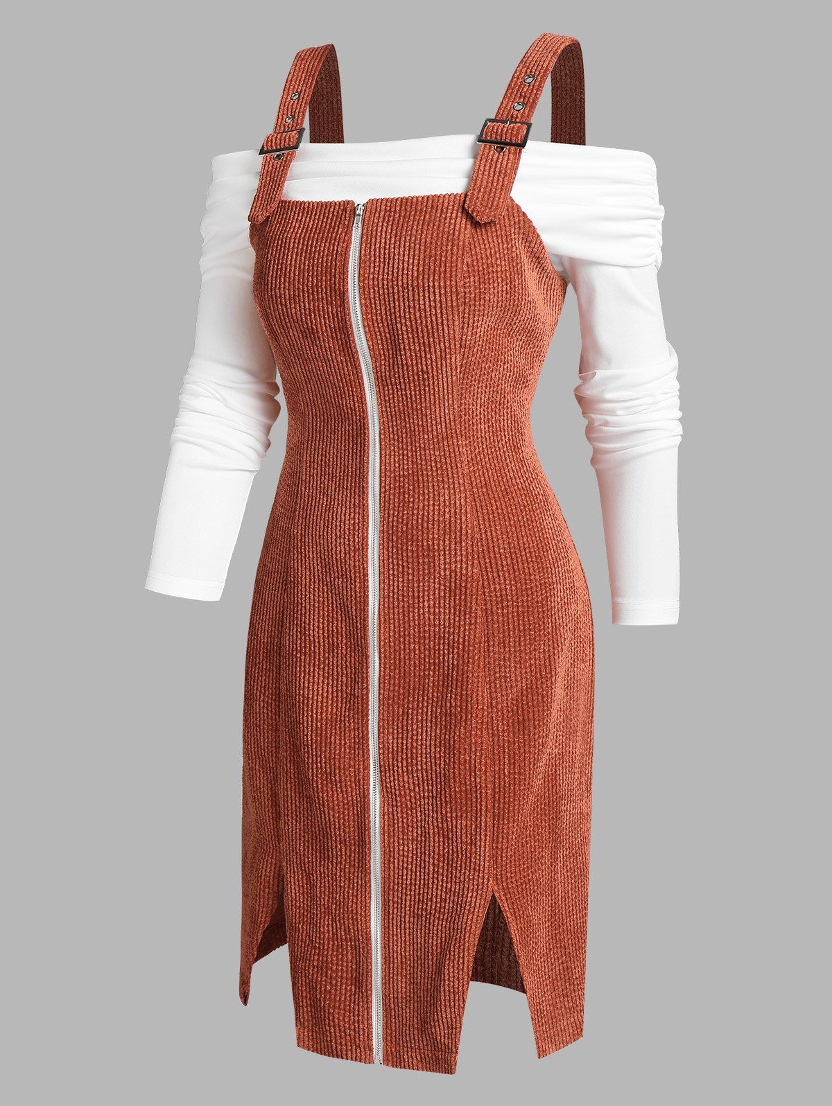 Sleeveless Zip Up Corduroy Dress and Off The Shoulder T-shirt - COFFEE L