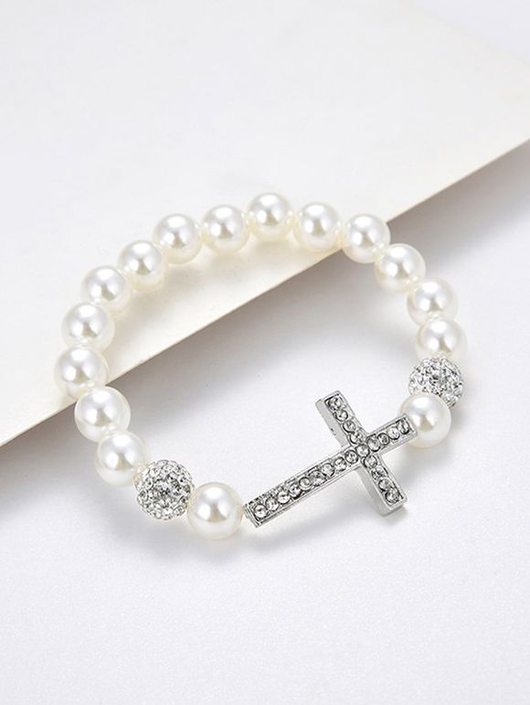 Bracelet Elastique Croisé Perlé avec Faux Diamant - Blanc 