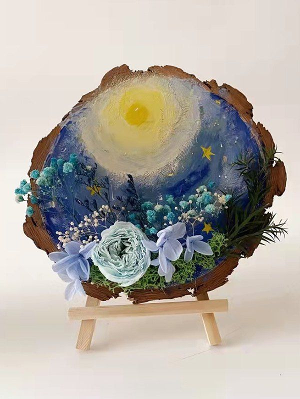 Décoration à Maison de Fleur Conservée Ronde en Bois Peinture à Main - Bleu REGULAR