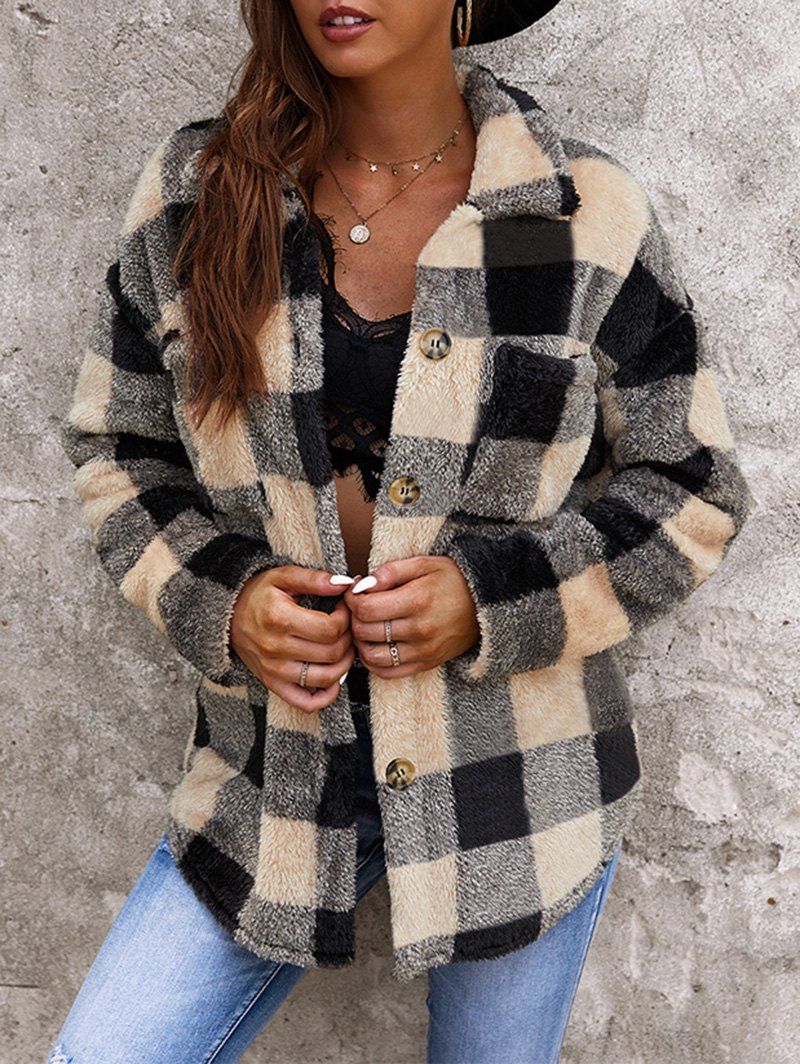 Fluffy Checked Front Pocket Jacket - LIGHT COFFEE XL