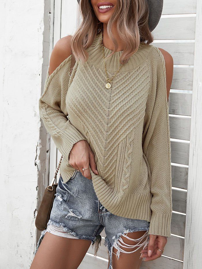 Mock Neck Cable Knit Cold Shoulder Sweater - LIGHT COFFEE M