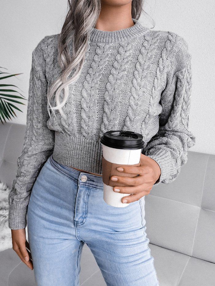 Cable Knit Mock Neck Jumper Sweater - LIGHT GRAY S