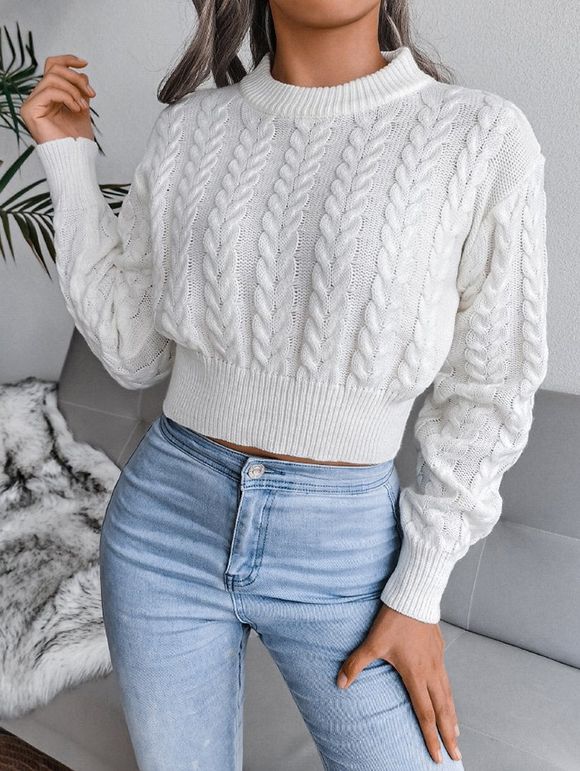 Cable Knit Mock Neck Jumper Sweater - WHITE M