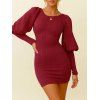 Mini Robe Pull Moulante à Manches Bouffantes - Rouge foncé L