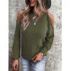 Mock Neck Cable Knit Cold Shoulder Sweater - DEEP GREEN S