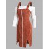 Corduroy Zip Buckle Slit Pinafore Dress and Off The Shoulder Foldover T-shirt Set - COFFEE XL