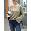 V Notch Cut Flare Sleeve Rolled Trim Sweater - LIGHT COFFEE S