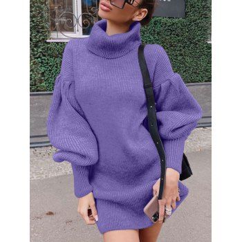 

Turtleneck Lantern Sleeve Sweater Dress, Purple