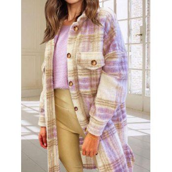 

Plaid Print Double Pockets Wool Blend Coat, Purple