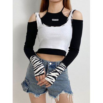

Cutout Zebra Print Faux Twinset Cold Shoulder Tee, Black