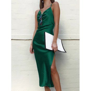 

Spaghetti Strap Side Slit Satin Dress, Deep green