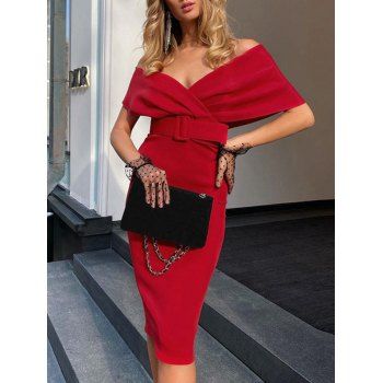 

Off Shoulder Belted Pencil Dress, Red