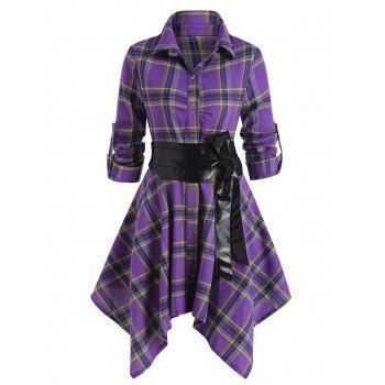 

Plaid Belted Roll Up Sleeve Handkerchief Dress, Purple