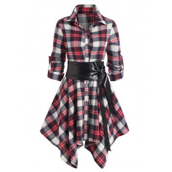 

Convertible Plaid Belted Roll Up Sleeve Button Handkerchief Mini Dress, Multicolor