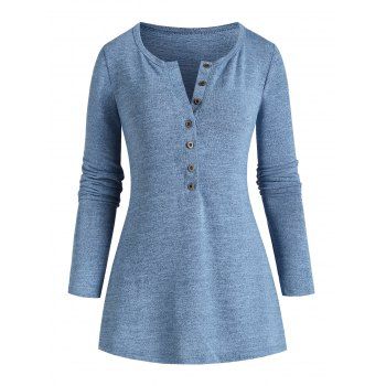 

Heathered Knit Henley T Shirt, Light blue