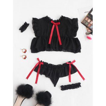 

Bowknot Frilled Chiffon Ruffle Lingerie Set, Black