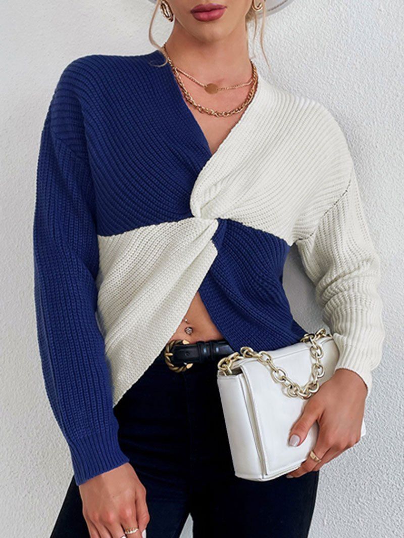 Colorblock Front Twist Sweater - BLUE M