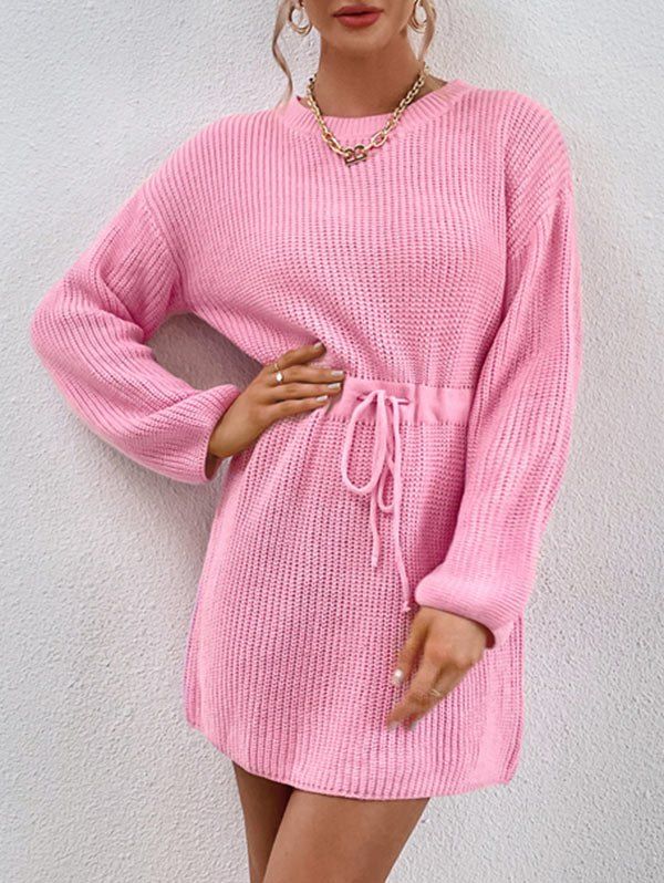 Drawstring Waist Chunky Sweater Dress - LIGHT PINK M
