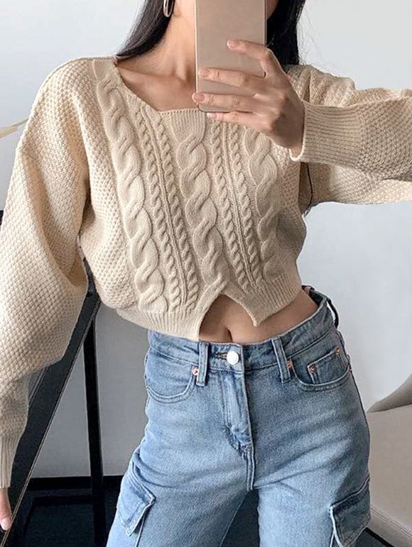 Drop Shoulder Cable Knit Front Slit Sweater - LIGHT COFFEE ONE SIZE