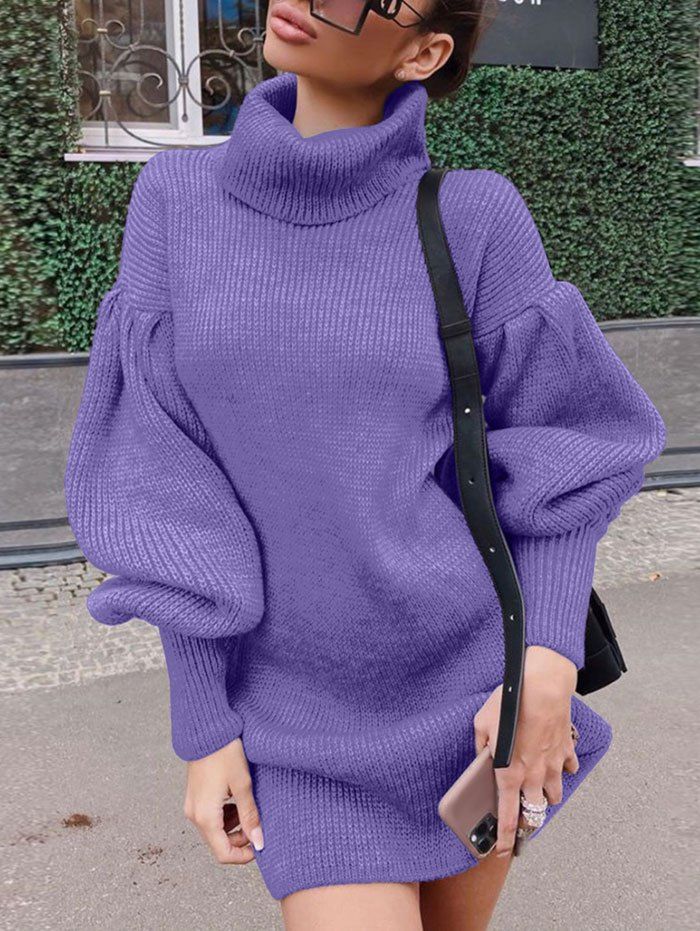 Turtleneck Lantern Sleeve Sweater Dress - PURPLE XL