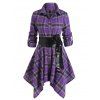 Plaid Belted Roll Up Sleeve Handkerchief Dress - RED 2XL