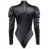Mock Button Puff Sleeve Satin Bodysuit - BLACK M