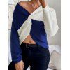 Colorblock Front Twist Sweater - BLUE L