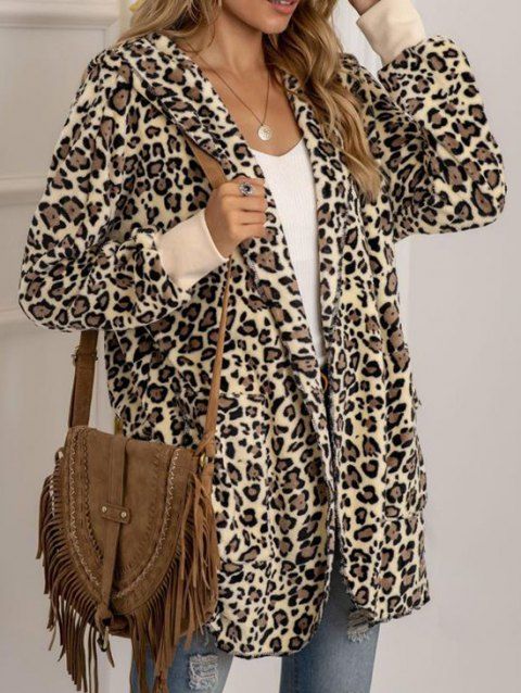Fluffy Leopard Hooded Pocket Tunic Coat