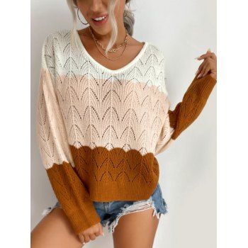 

Colorblock Open Knit Sweater, Coffee