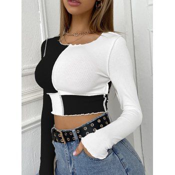 Ribbed Two Tone Topstitching Crop T Shirt