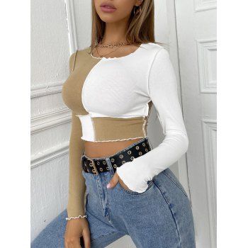 

Ribbed Two Tone Topstitching Crop T Shirt, Light coffee