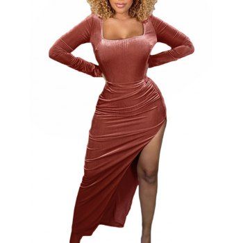 

Square Neck High Slit Velvet Maxi Dress, Coffee