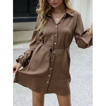 

Button Up Belted Tie Cuff Mini Dress, Coffee