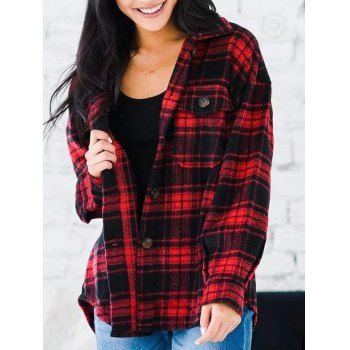 

Flannel Plaid Drop Shoulder Pocket Shacket, Red