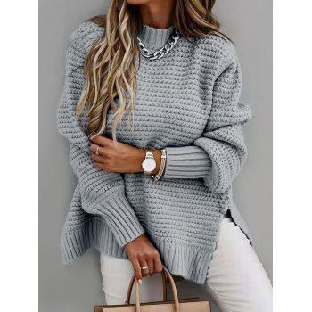 

Mock Neck Split Hem Tunic Sweater, Light gray
