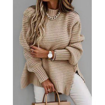 

Mock Neck Split Hem Tunic Sweater, Light coffee